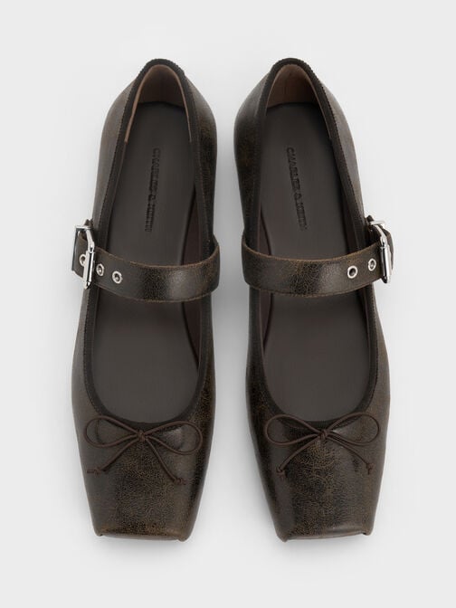 حذاء ماري جين بمقدمة مربعة مزين بفيونكة, بني داكن, hi-res