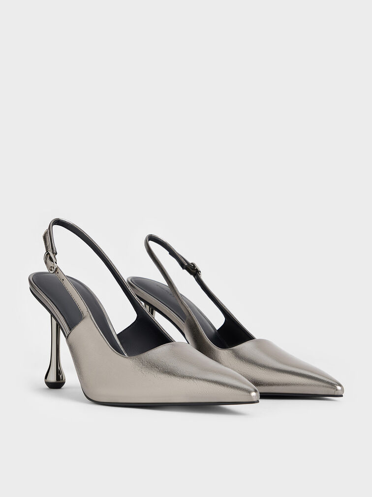 Metallic Sculptural-Heel Pointed-Toe Pumps, Pewter, hi-res