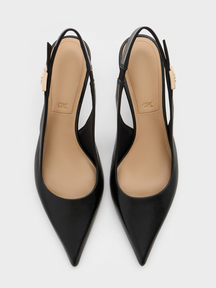 حذاء كودي بجلد ومقدمة مدببة وكعب قصير وحزام خلفي, أسود, hi-res