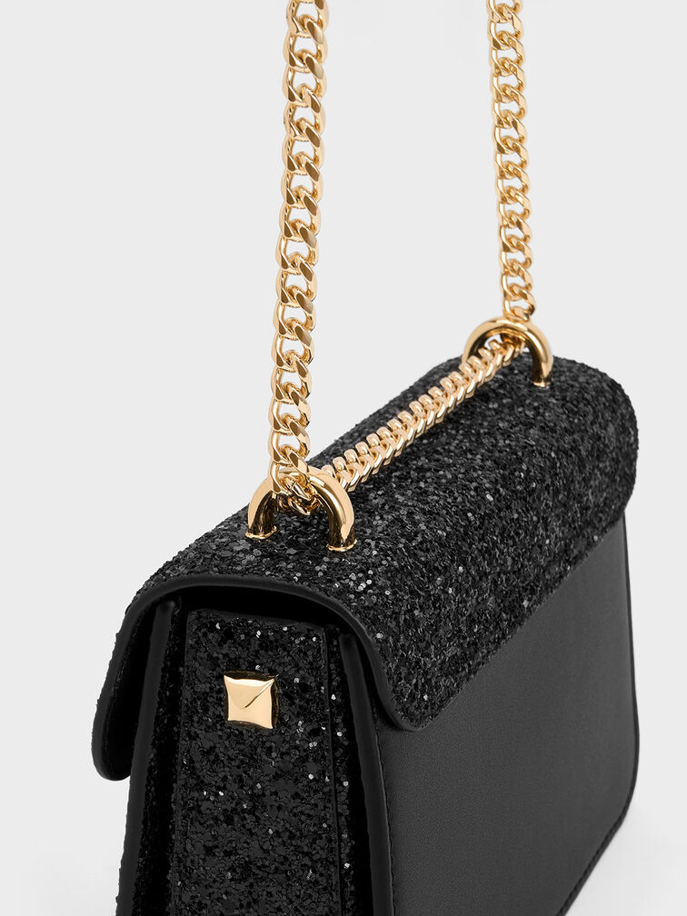 Alva Glittered Chain-Handle Bag, Black, hi-res