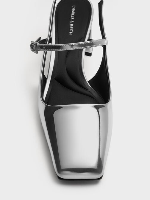 حذاء ماري جين بكعب عريض وحزام خلفي ومقدمة مربعة ميتاليك, فضي, hi-res