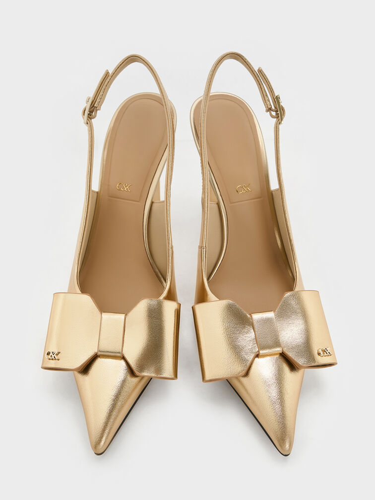 Lu Metallic Leather Bow Blade-Heel Slingback Pumps, Gold, hi-res