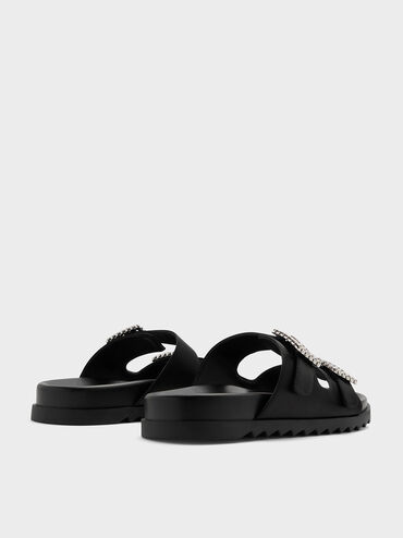 صندل بحزام مزدوج من البوليستر المعاد تدويره مع إبزيم مرصع, أسود خشن, hi-res