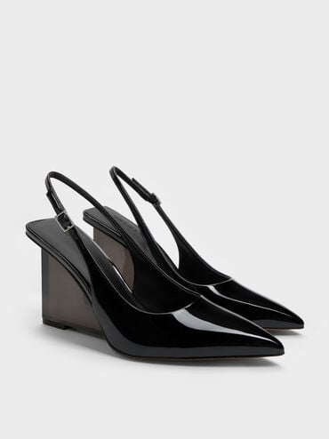 أحذية سلينغ باك من الجلد اللامع بكعب (ويدج) شبه شفاف, أسود براق, hi-res