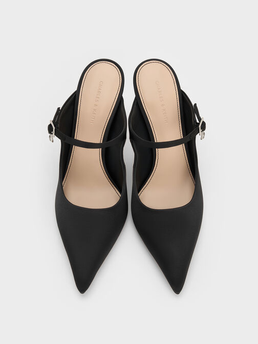 حذاء (مولز) ساتان مفتوح من الخلف، مزوّد بشريط عند الكاحل مزين بكريستالات على شكل دمعة وحزام بمشبك، بكعب طويل ورفيع., أسود خشن, hi-res