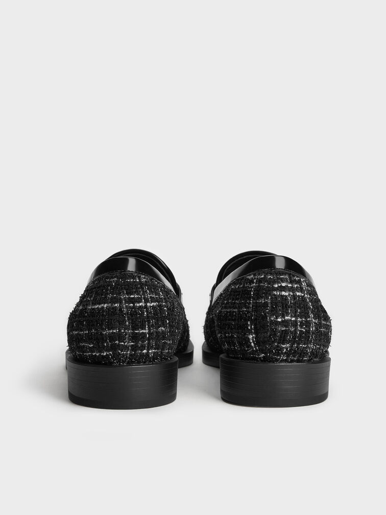 Tweed Braided-Chain Metallic-Accent Loafers, Black Textured, hi-res
