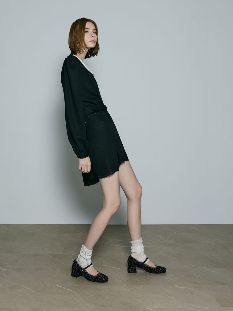 حذاء ماري جين بكعب عريض وسلسلة مجدولة وتويد, أسود خشن, hi-res