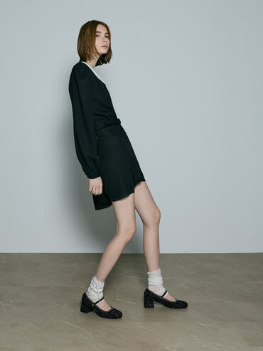 حذاء ماري جين بكعب عريض وسلسلة مجدولة وتويد, أسود خشن, hi-res