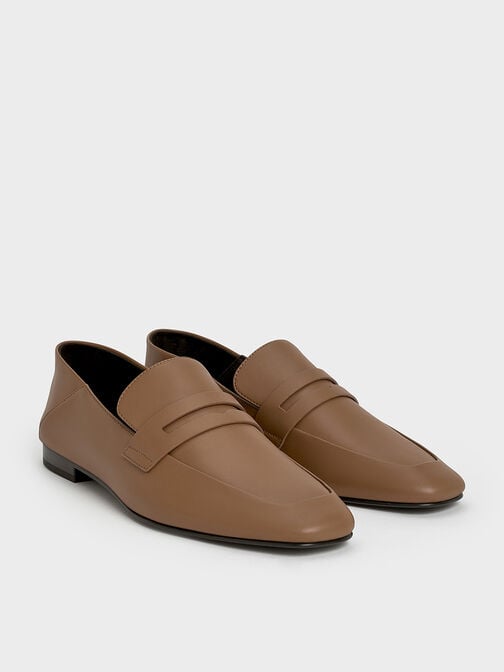 Almond-Toe Penny Loafers, Brown, hi-res
