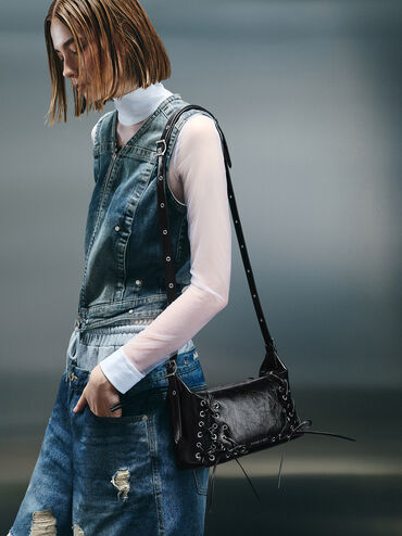 حقيبة كتف برباط, أسود كلاسيكي, hi-res