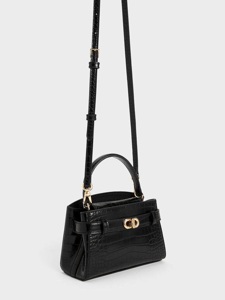 Aubrielle Croc-Effect Top Handle Bag, Black, hi-res
