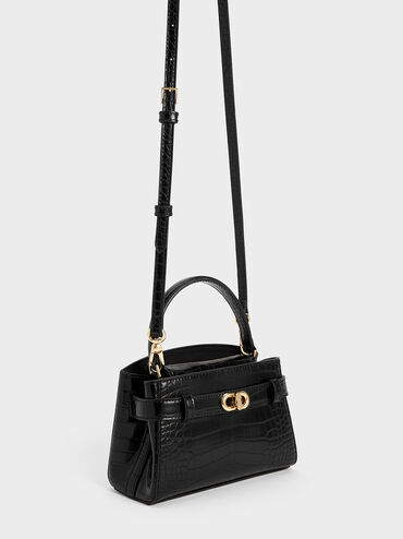 Aubrielle Croc-Effect Top Handle Bag, Black, hi-res