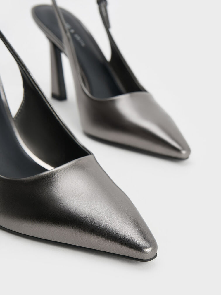 Metallic Trapeze Heel Slingback Pumps, Pewter, hi-res