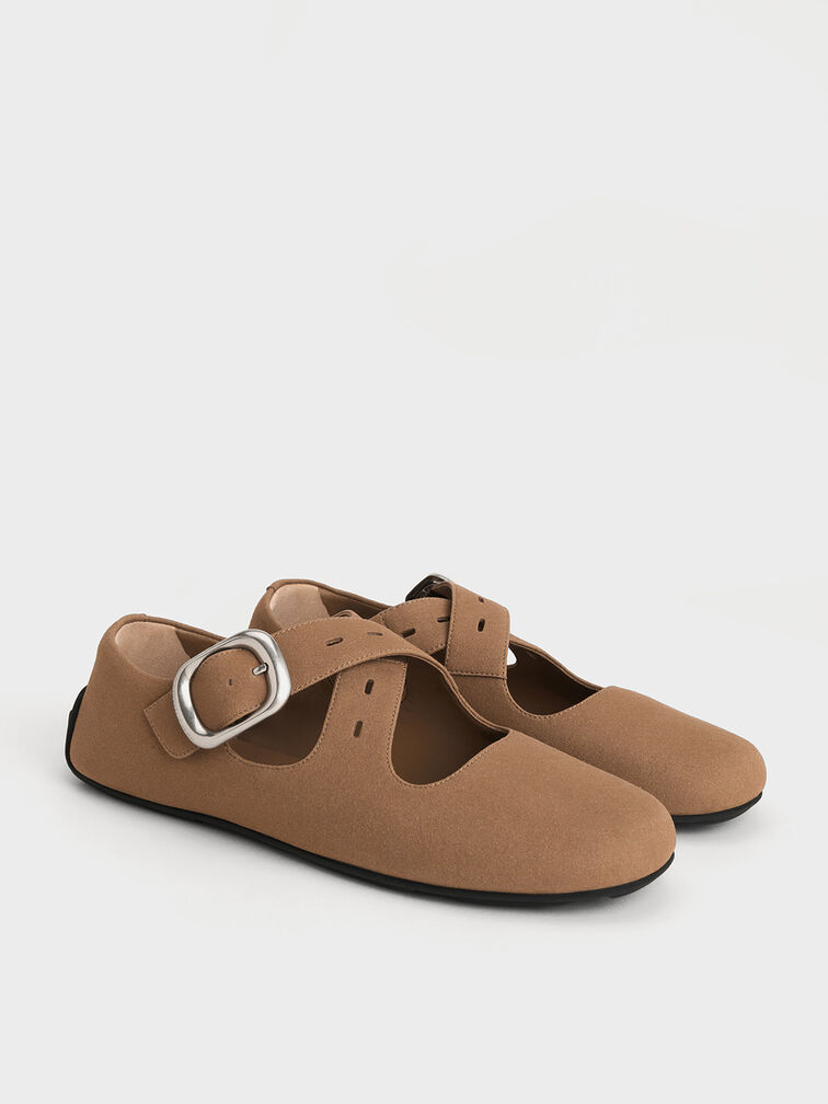 Tommie Faux Suede Crossover Mary Jane Flats, Brown, hi-res