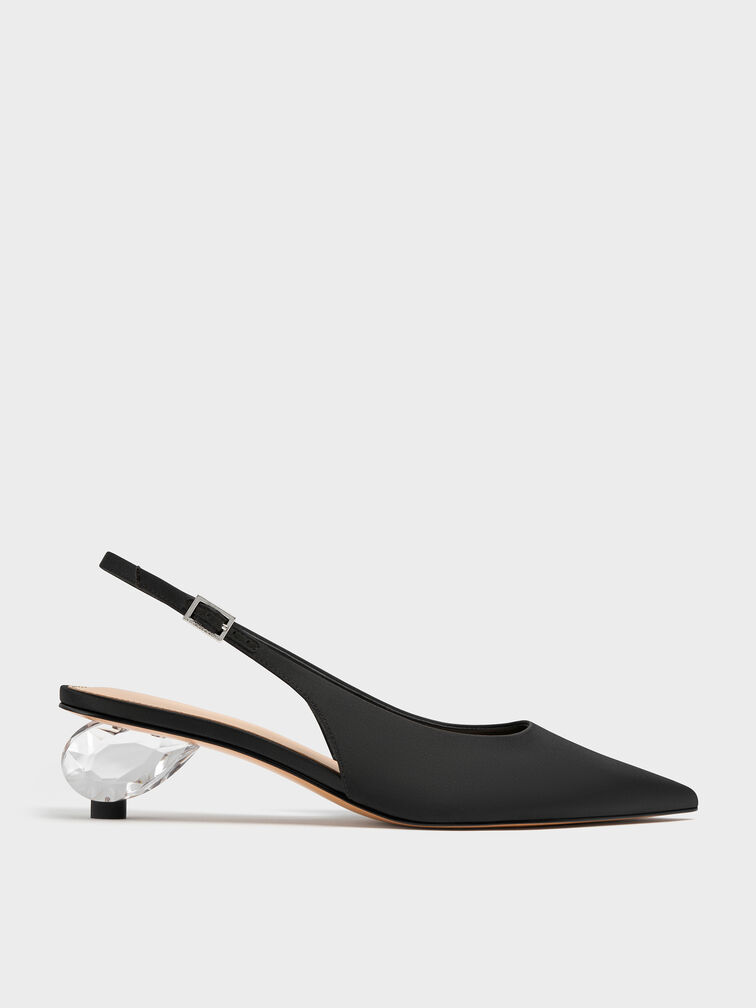 Satin Pointed-Toe Crystal-Heel Slingback Pumps, Black Textured, hi-res