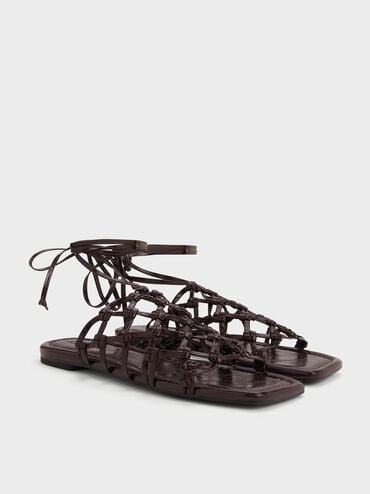 Woven Tie-Around Net Sandals, Burgundy, hi-res
