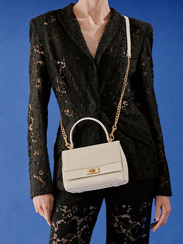 Lennie Chain-Strap Top Handle Bag, Cream, hi-res