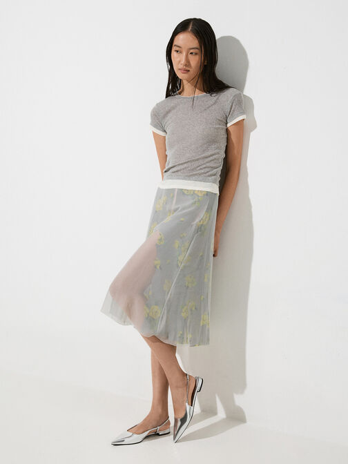 Metallic Chain-Strap Pointed-Toe Slingback Flats, Silver, hi-res