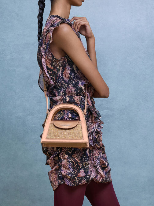 Este Glittered Top Handle Bag, Bronze, hi-res