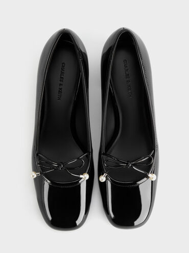 Barbara Patent Pearl-Bow Ballet Pumps, Black Patent, hi-res