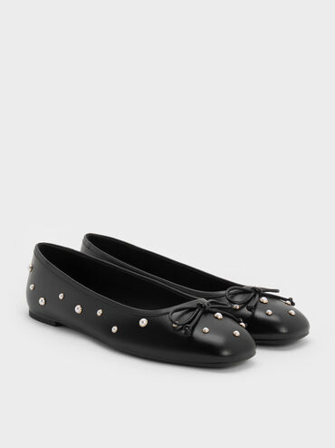 Barbara Pearl-Embellished Bow Ballet Flats, Black, hi-res