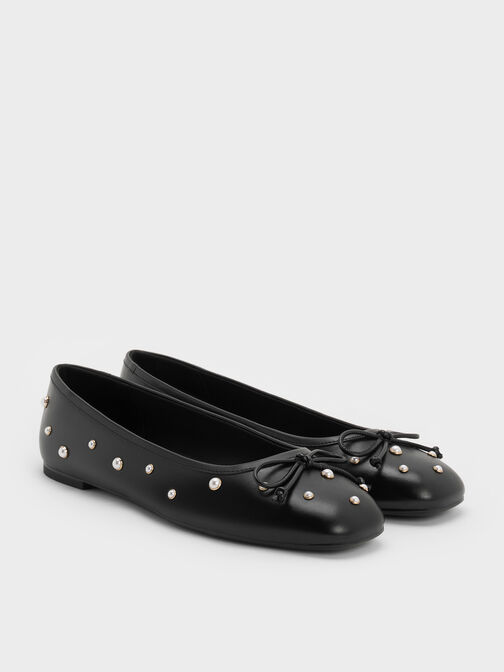Barbara Pearl-Embellished Bow Ballet Flats, Black, hi-res