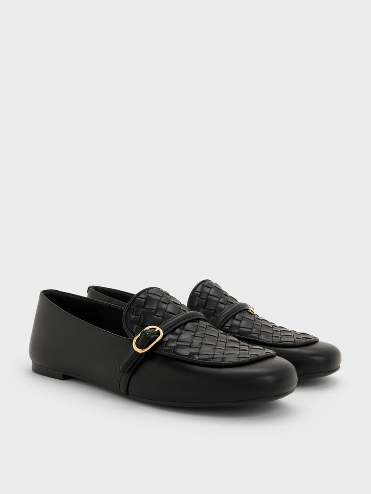 Woven Buckle-Strap Loafers, Black, hi-res