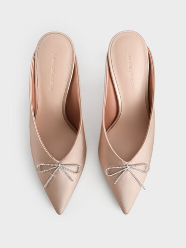 حذاء مفتوح من الخلف بكعب ومقدمة مدببة مزين بفيونكة كريستالية, لون البشرة الطبيعي, hi-res