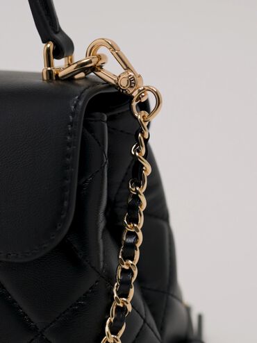 Alva Quilted Top Handle Bag, Black, hi-res