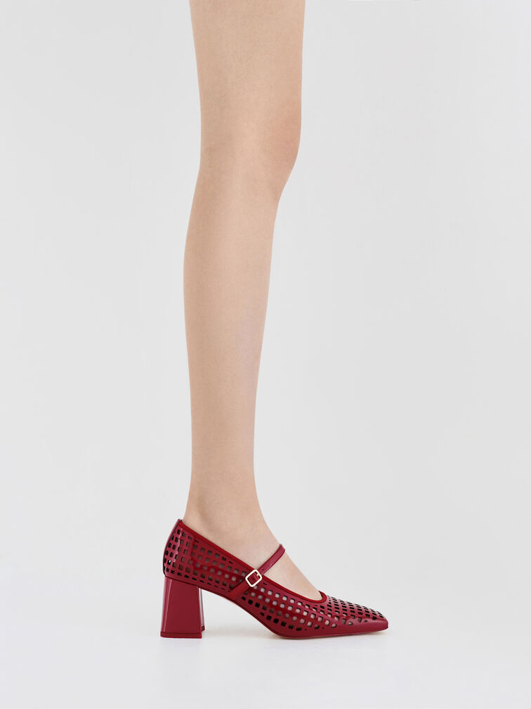 Patent Perforated Square-Toe Block-Heel Mary Jane Pumps, Red, hi-res