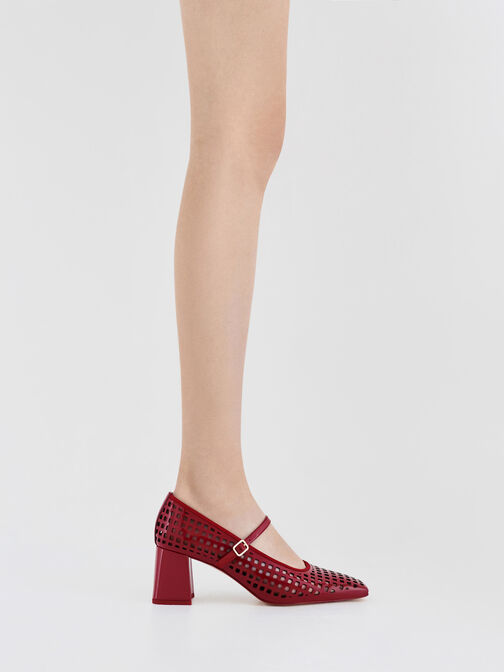 Patent Perforated Square-Toe Block-Heel Mary Jane Pumps, Red, hi-res