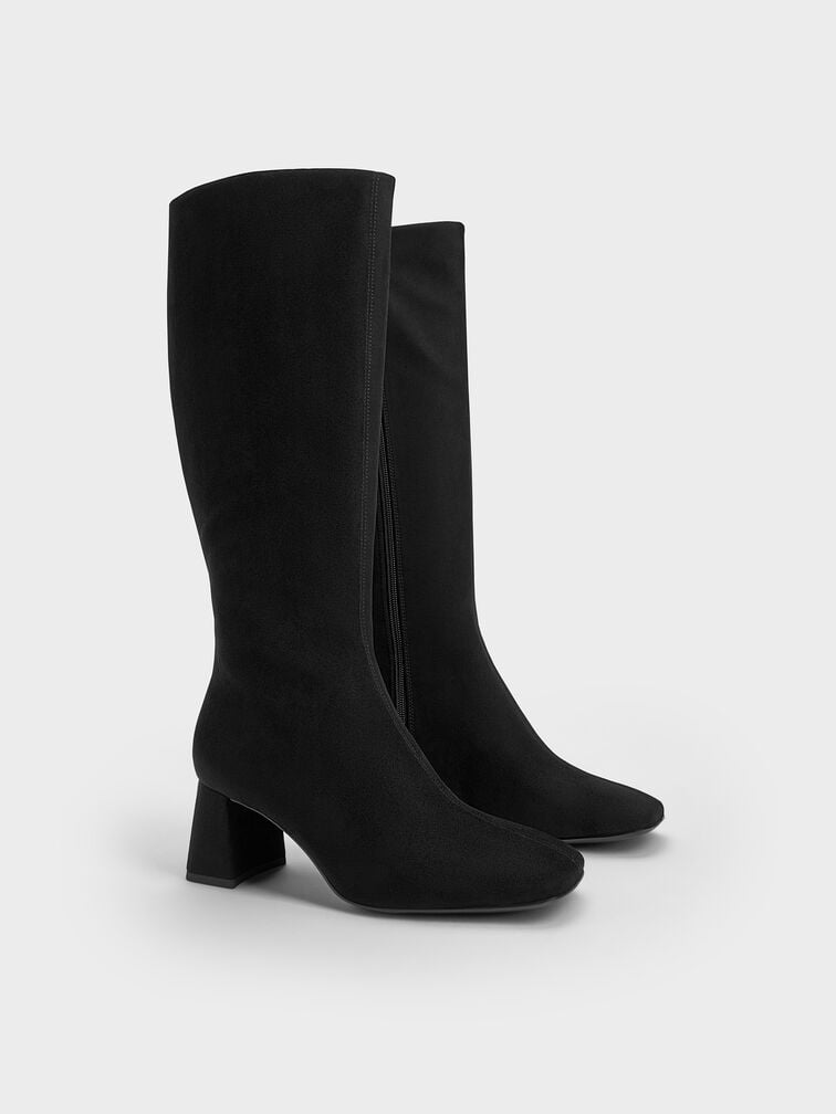 Faux Suede Square-Toe Knee-High Boots, Black Textured, hi-res