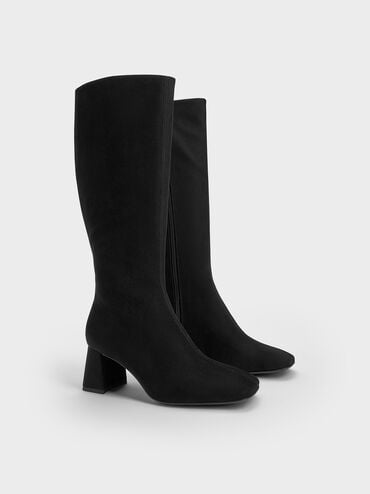 Faux Suede Square-Toe Knee-High Boots, Black Textured, hi-res