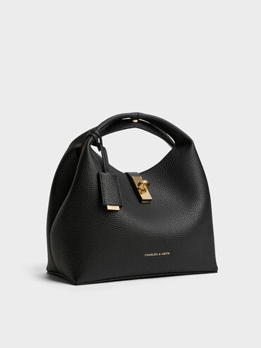 Chance Recycled Leather Turn-Lock Bucket Bag, Black, hi-res