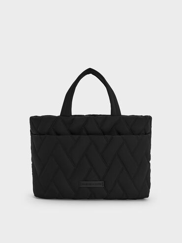 Nylon Chevron Boxy Tote Bag, Jet Black, hi-res