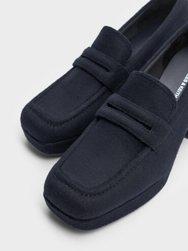 Felt Platform Penny Loafer Pumps, Dark Blue, hi-res