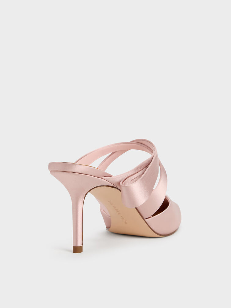 Satin Pleated-Strap Heeled Mules, Pink, hi-res