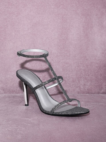 صندل بشريط كاحل على شكل حرف T بارز لامع, أسود خشن, hi-res