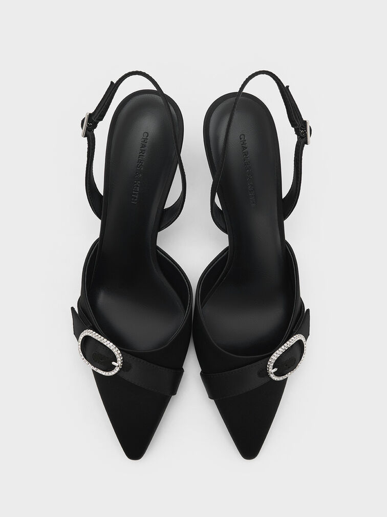 Jannie Recycled Polyester Crystal-Buckle Slingback Pumps, Black Textured, hi-res