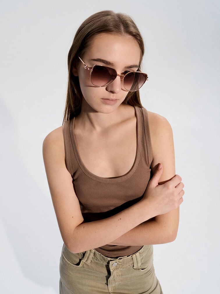 نظارة شمسية بقصة فراشة بإطار معدني وكريستال, ذهبي وردي, hi-res