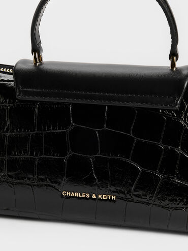 Lilibet Croc-Effect Elongated Top Handle Bag, Black, hi-res