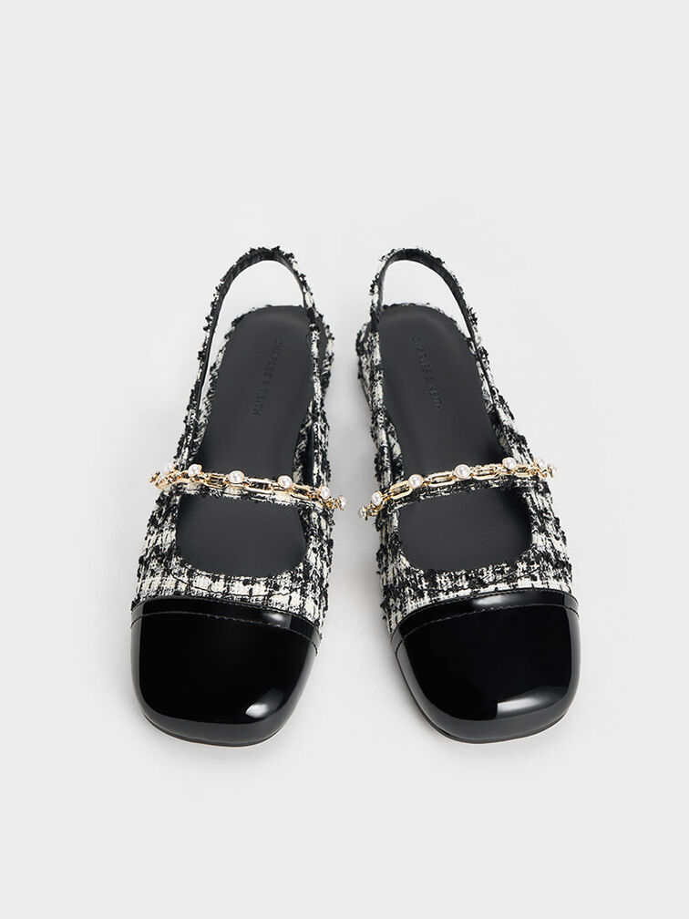 Rio Tweed Beaded Chain-Link Slingback Flats, Black Textured, hi-res