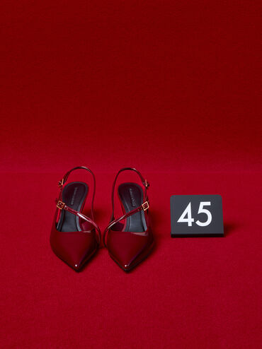 حذاء بامبس وين سلينجباك بكعب منحوت وإبزيم لامع, أحمر, hi-res