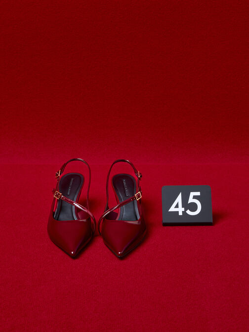 Wynn Patent Buckled Sculptural-Heel Slingback Pumps, Red, hi-res
