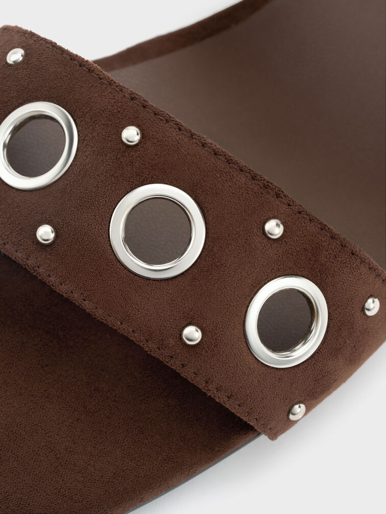 Faux Suede Grommet Buckled Slides, Dark Brown Textured, hi-res