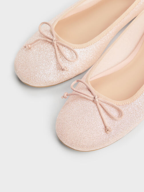 Glittered Mesh Bow Ballet Flats, Pink, hi-res