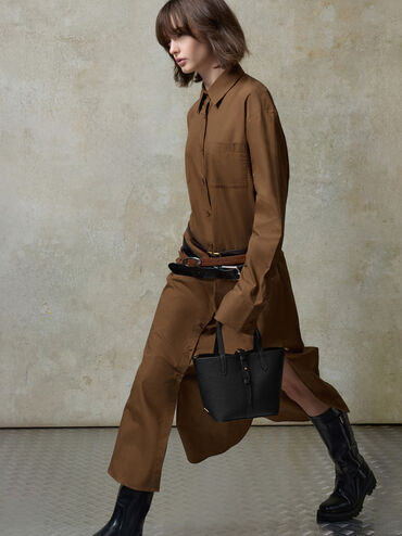 شنطة دلو بريل بجلد معاد تدويره بيد مزدوجة, أسود, hi-res