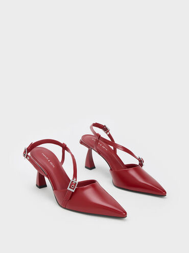 Asymmetric Curved Heel Slingback Pumps, Red, hi-res