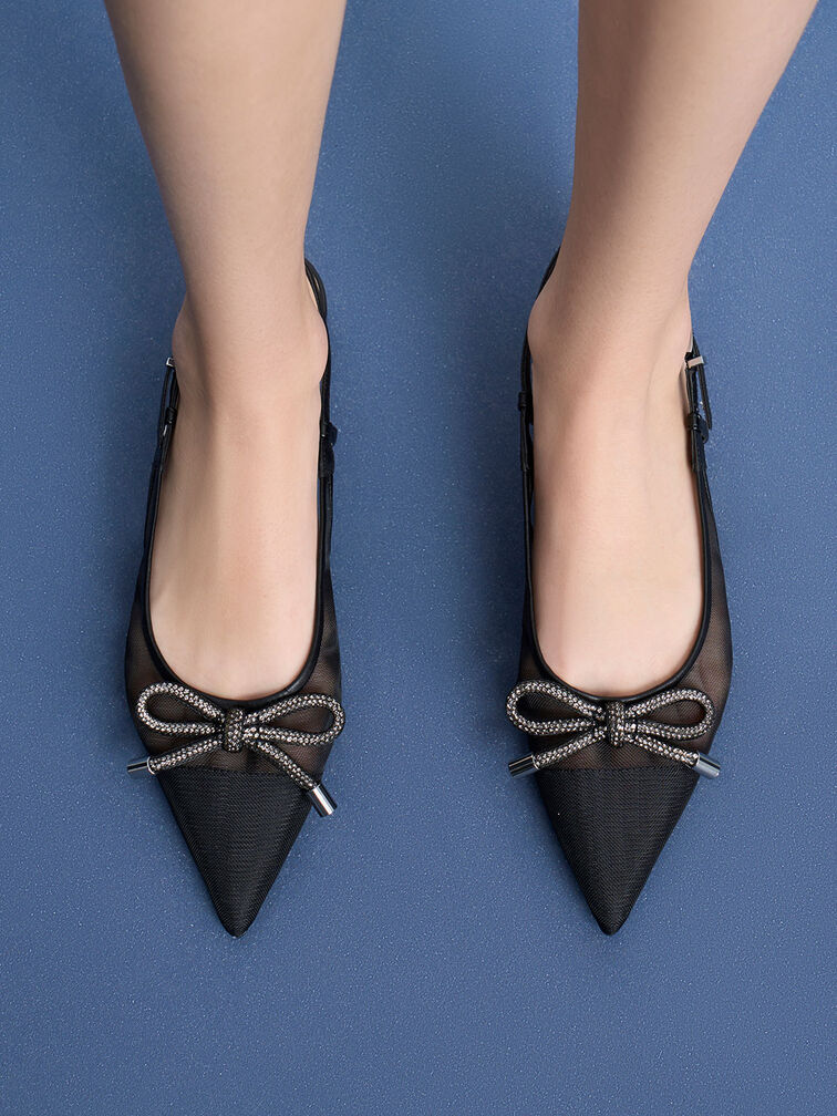 باليرينا شبكية مزينة بفيونكة بحزام خلفي, أسود, hi-res