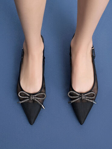 باليرينا شبكية مزينة بفيونكة بحزام خلفي, أسود, hi-res